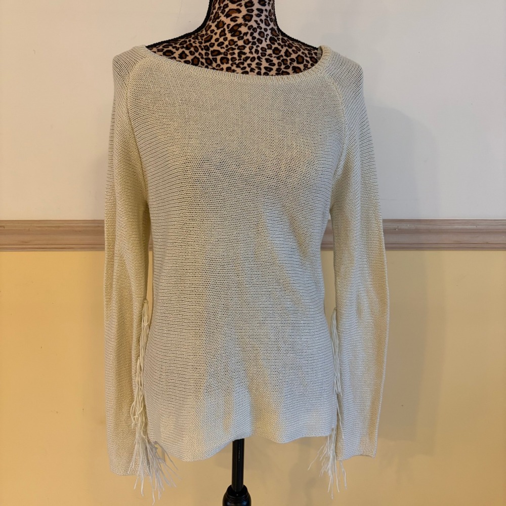 Eyeshadow Cream‎ Boho Fringe Crochet Back Knit Sweater Womens Medium L0375Y0303N
